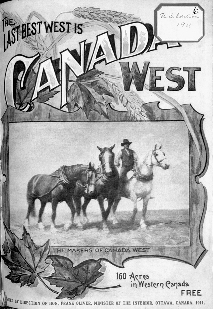Les dernières des bonnes terres sont dans l'Ouest canadien. Édition américaine de l'affiche. Reproduite dans Canada West, 1911
