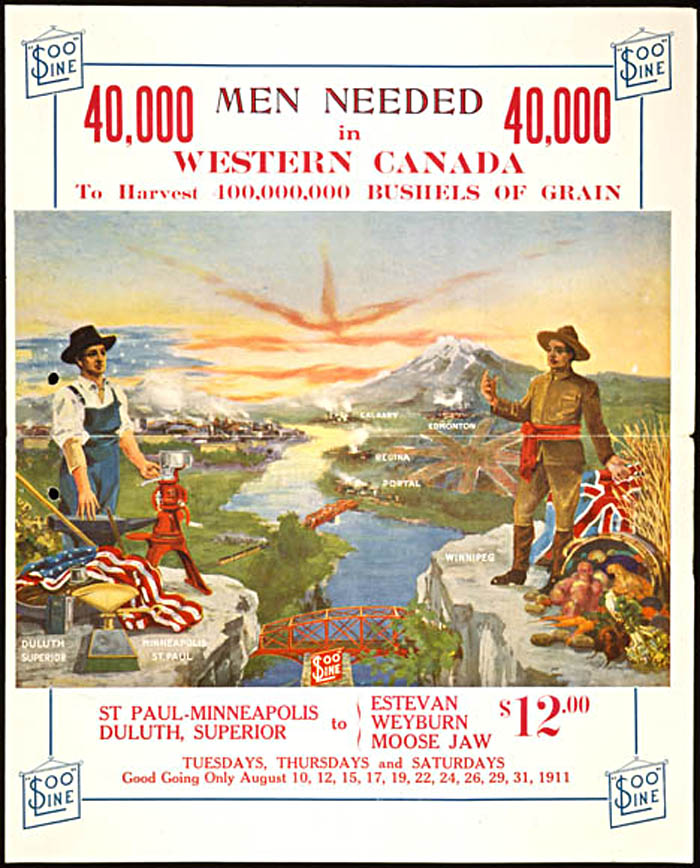 Il faut 40 000 hommes dans l'Ouest canadien. Affiche pour encourager l'immigration américaine, 1911