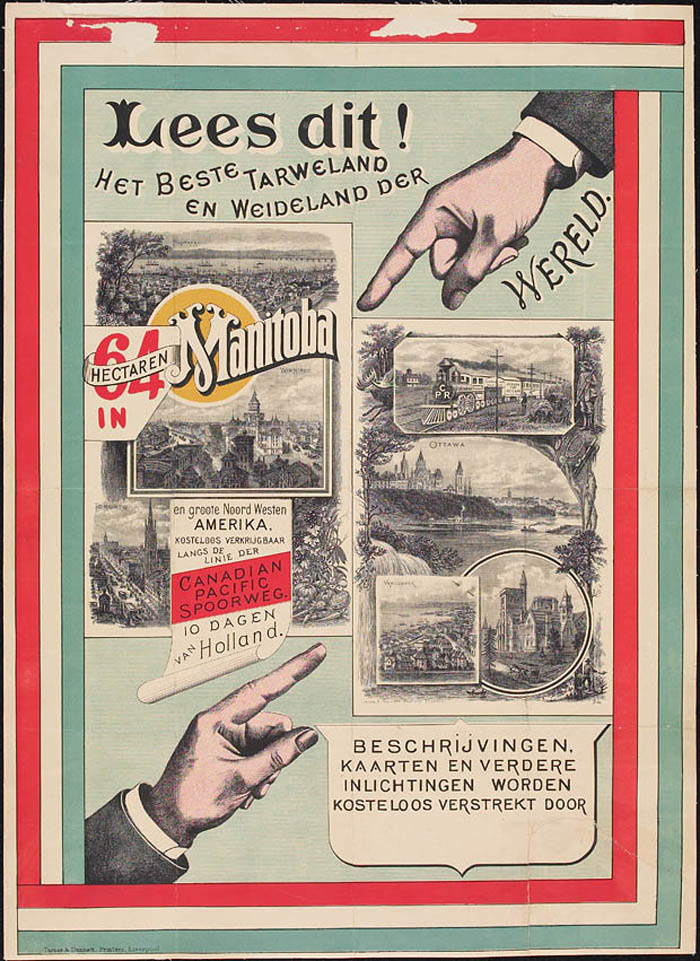 Affiche Lees Dit! ....en faisant la publicité pour le Manitoba aux immigrants hollandais, 1897