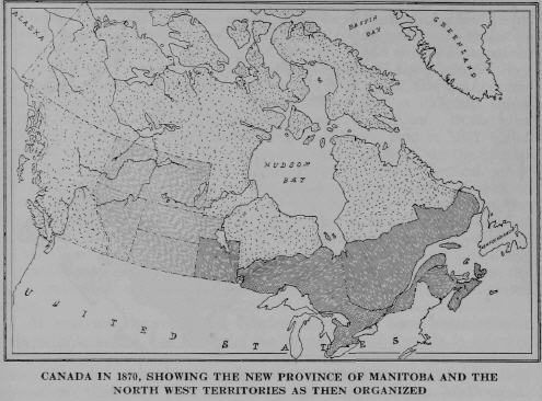 Canada in 1870, showing the new province of Manitoba and the North West Territories as then organized 