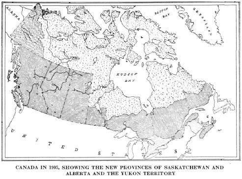 Canada in 1905, showing the new provinces of Saskatchewan and Alberta and the Yukon Territory 