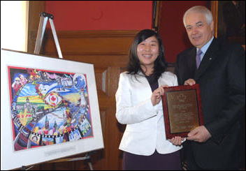 Photo of a ceremony held at Queen's Park on April 27, 2006, Ontario Lt.-Gov. James Bartleman presented the awards for the Ontario finalists of the 2006 Canada Day Poster Challenge. Sofia Hou, 14, from Ottawa was the first place Provincial winner.