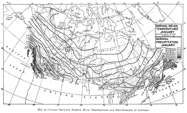 Canada showing normal mean temperature and precipitation in January, 1927.