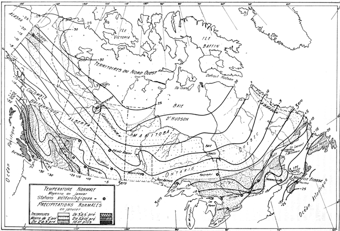 Carte du Canada montrant les moyennes normales de température et de précipitation en janvier, 1927.