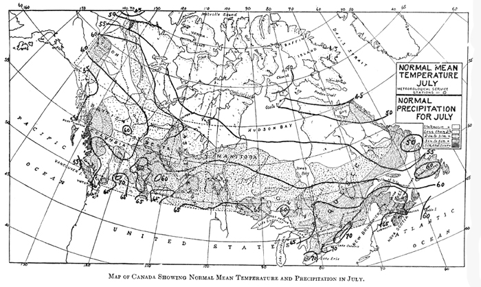 Canada showing normal mean temperature and precipitation in July, 1927.