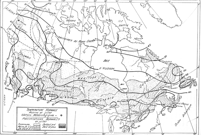 Carte du Canada montrant les moyennes normales de température et de précipitation en juillet, 1927.