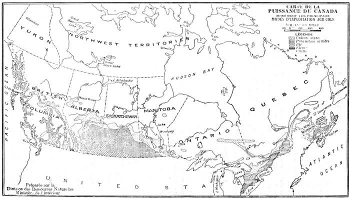 Carte de la puissance du Canada montrant les principaux modes d'exploitation agricole, 1927.