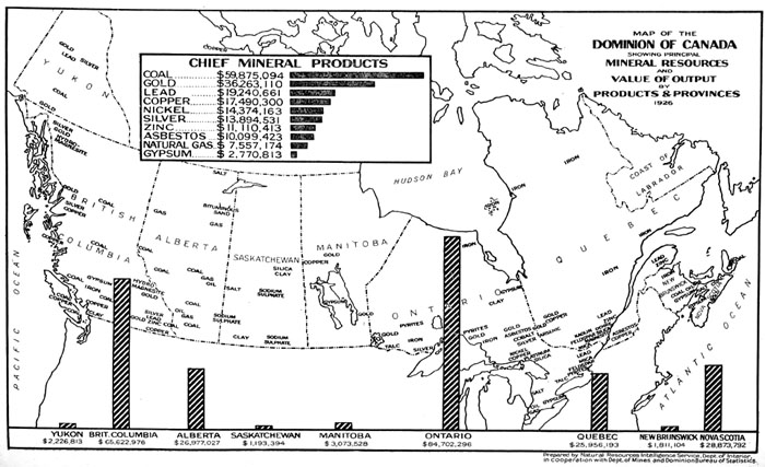 Map of the Dominion of Canada, showing principal mineral resources and value of output by products and provinces, 1927