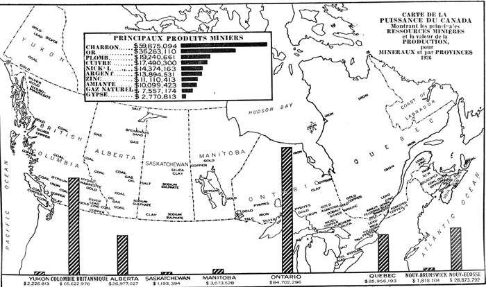 Carte de la puissance du Canada montrant les principales ressources minières et la valeur de la production, pour minéraux et par provinces, 1926