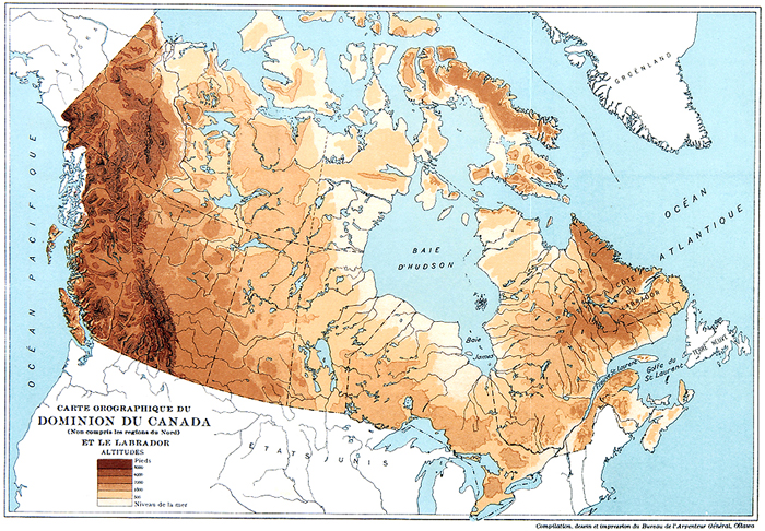 Carte orographique du Dominion du Canada (non compris les régions du Nord) et le Labrador, 1937