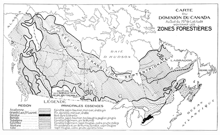 Carte du Dominion du Canada montrant les zones forestières, 1937