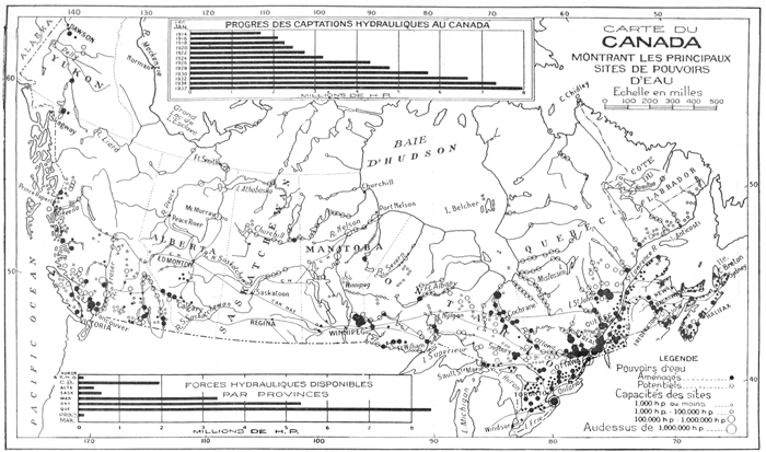 Carte du Canada montrant les principaux sites de pouvoirs d'eau, 1937