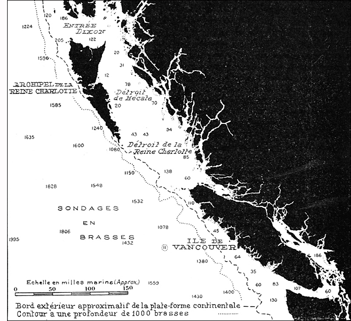 Plan indiquant l'étendue de la plate-forme continentale au large de la côte canadienne du Pacifique, 1947