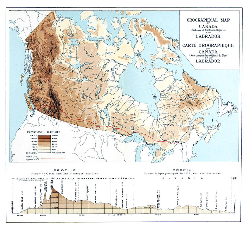Carte orographique du Canada (non compris les régions du Nord) et le Labrador, 1947