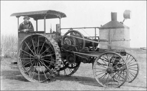 A tractor made by Aug. Soderberg of Weyburn, Saskatchewan, with parts salvaged from other tractors