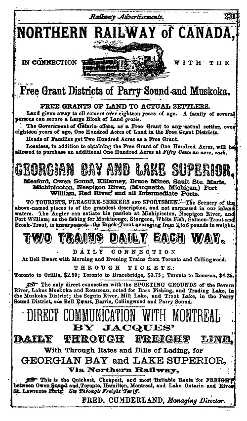 Northern Railway of Canada, free grant districts of Parry Sound and Muskoka