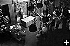 Interior of television studio during televising; unidentified Canadian Broadcasting Corporation studio