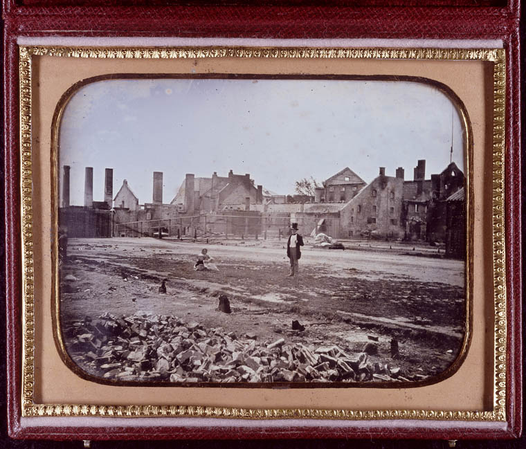 Daguerreotype view of the aftermath of a fire of the Molson family brewery in Montreal