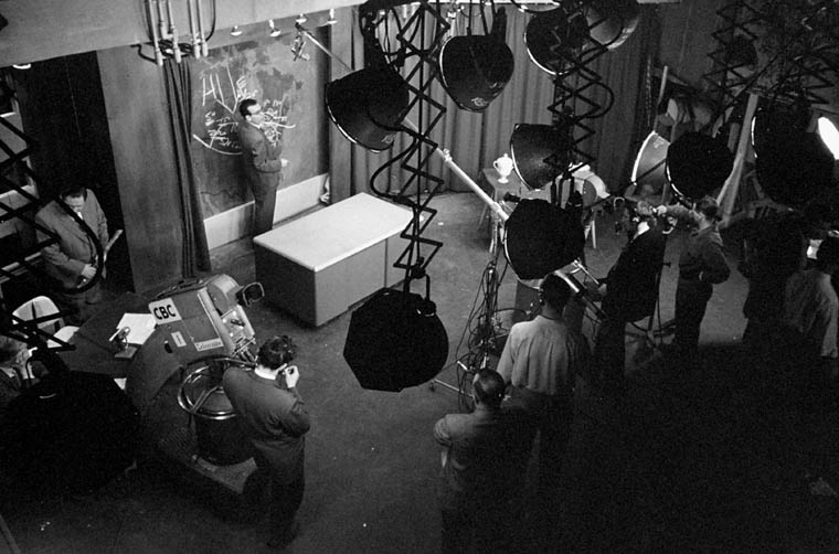 Interior of television studio during televising; unidentified Canadian Broadcasting Corporation studio