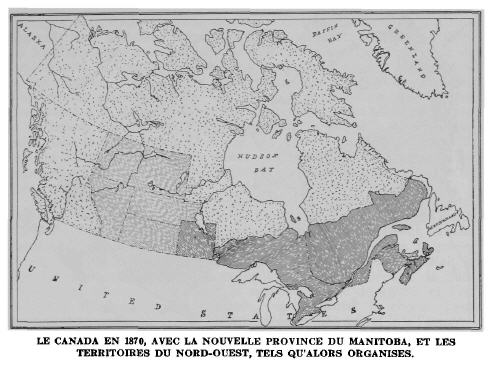 Le Canada en 1870, avec la nouvelle province du Manitoba, et les Territoires du Nord-Ouest, tels qu'alors organisés