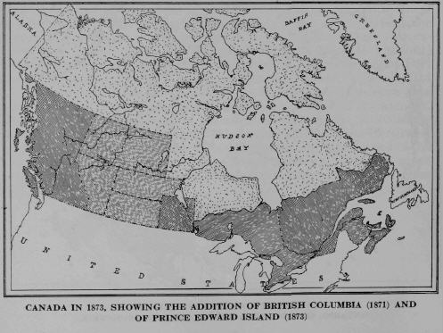 Canada in 1873, showing the addition of the British Columbia (1871) and of Prince Edward Island (1873)