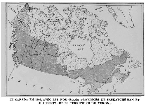 Le Canada en 1905, avec les nouvelles provinces de Saskatchewan et d'Alberta, et le Territoire du Yukon