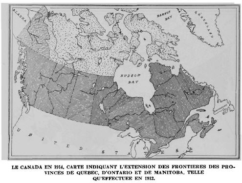 Le Canada en 1914, carte indiquant l'extension des frontières des provinces de Québec, d'Ontario et de Manitoba, telle qu'effectuée en 1912