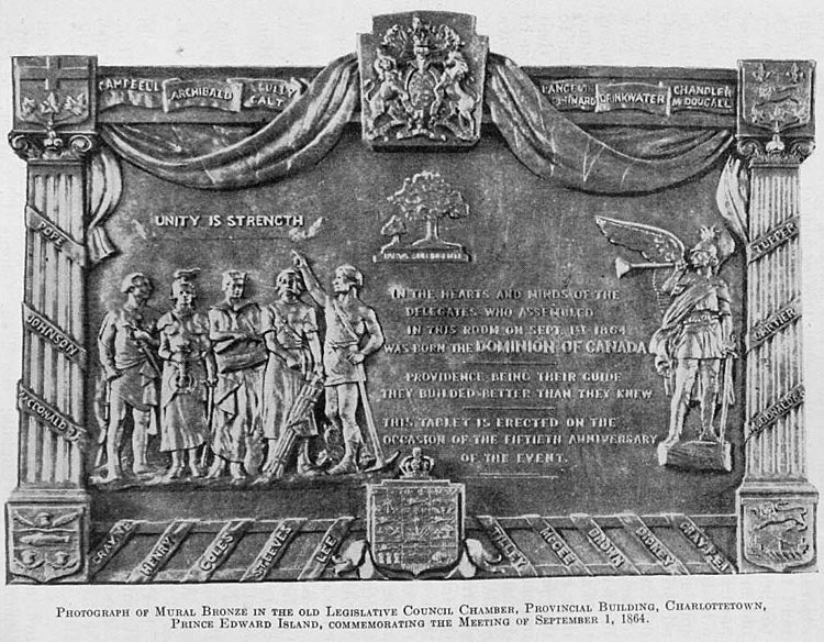 Photograph of mural bronze in the old Legislative Council Chamber, provincial building, Charlottetown, Prince Edward Island, commemorating the meeting of September 1, 1864