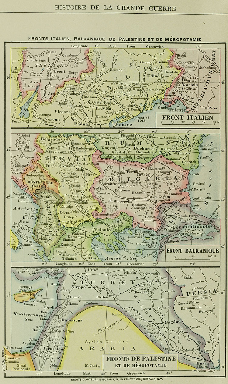 Carte, Fronts Italien, Balkanique, de Palestine et de Mesopotamie